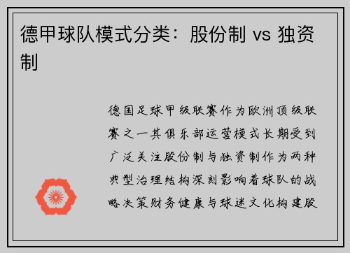 德甲球队模式分类：股份制 vs 独资制